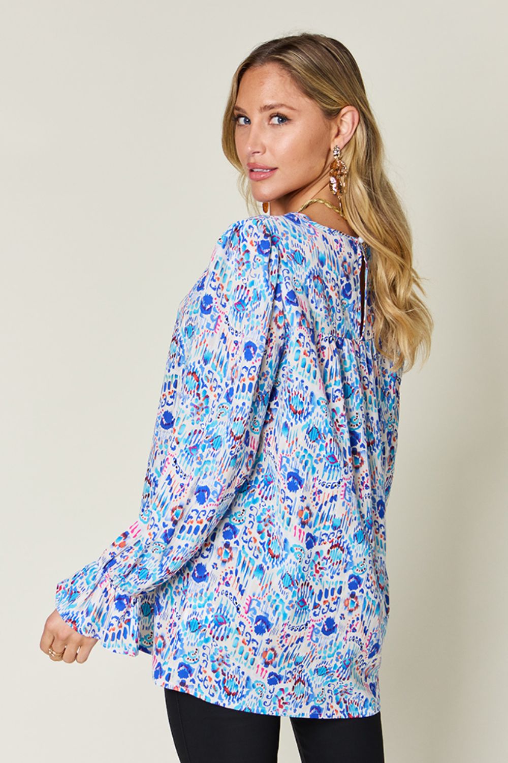 Long Sleeve Printed Flounce Sleeve Blouse - Eclectage