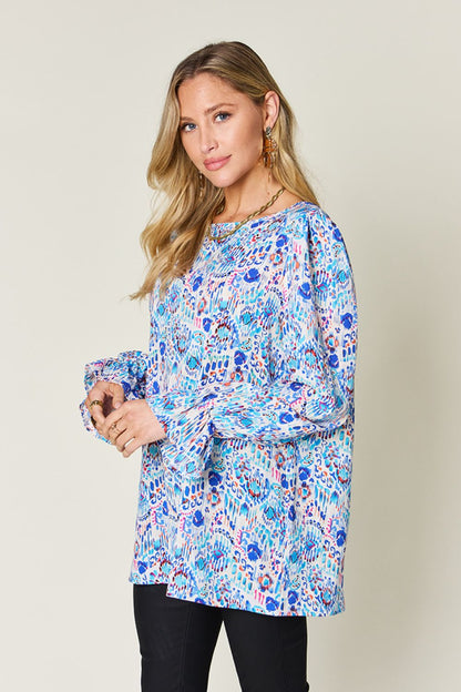 Long Sleeve Printed Flounce Sleeve Blouse - Eclectage