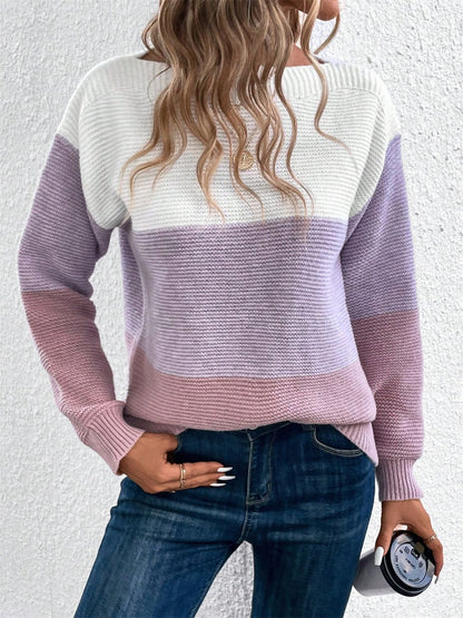 Color Block Drop Shoulder Long Sleeve Sweater - Eclectage