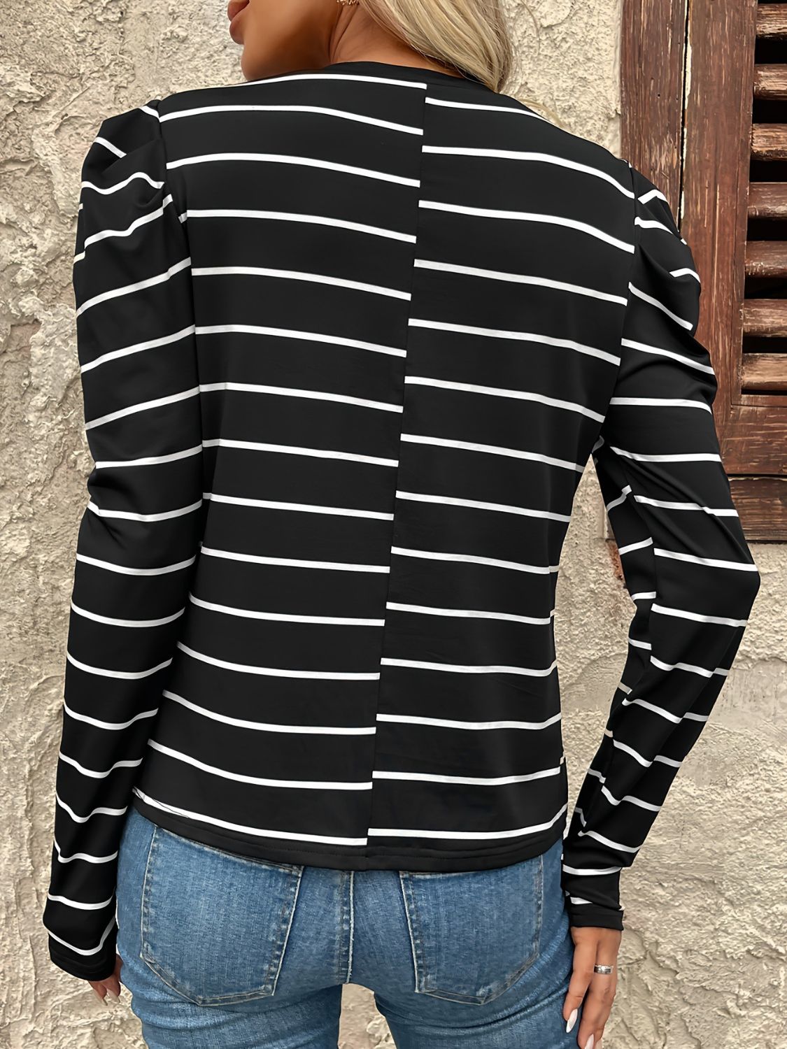 Full Size Striped Round Neck Puff Sleeve T-Shirt - Eclectage