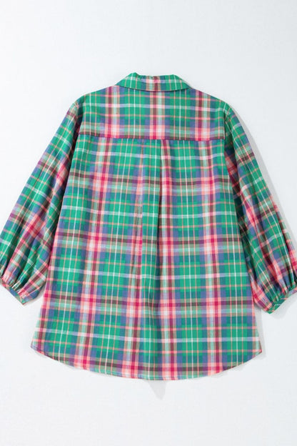 Plaid Collared Neck Three-Quarter Sleeve Shirt - Eclectage