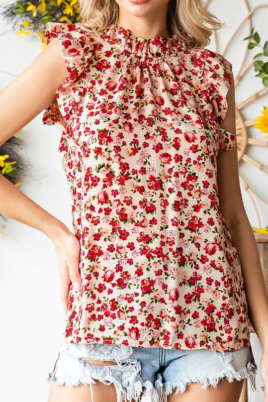 Red Floral Round Neck Cap Sleeve Blouse - Eclectage