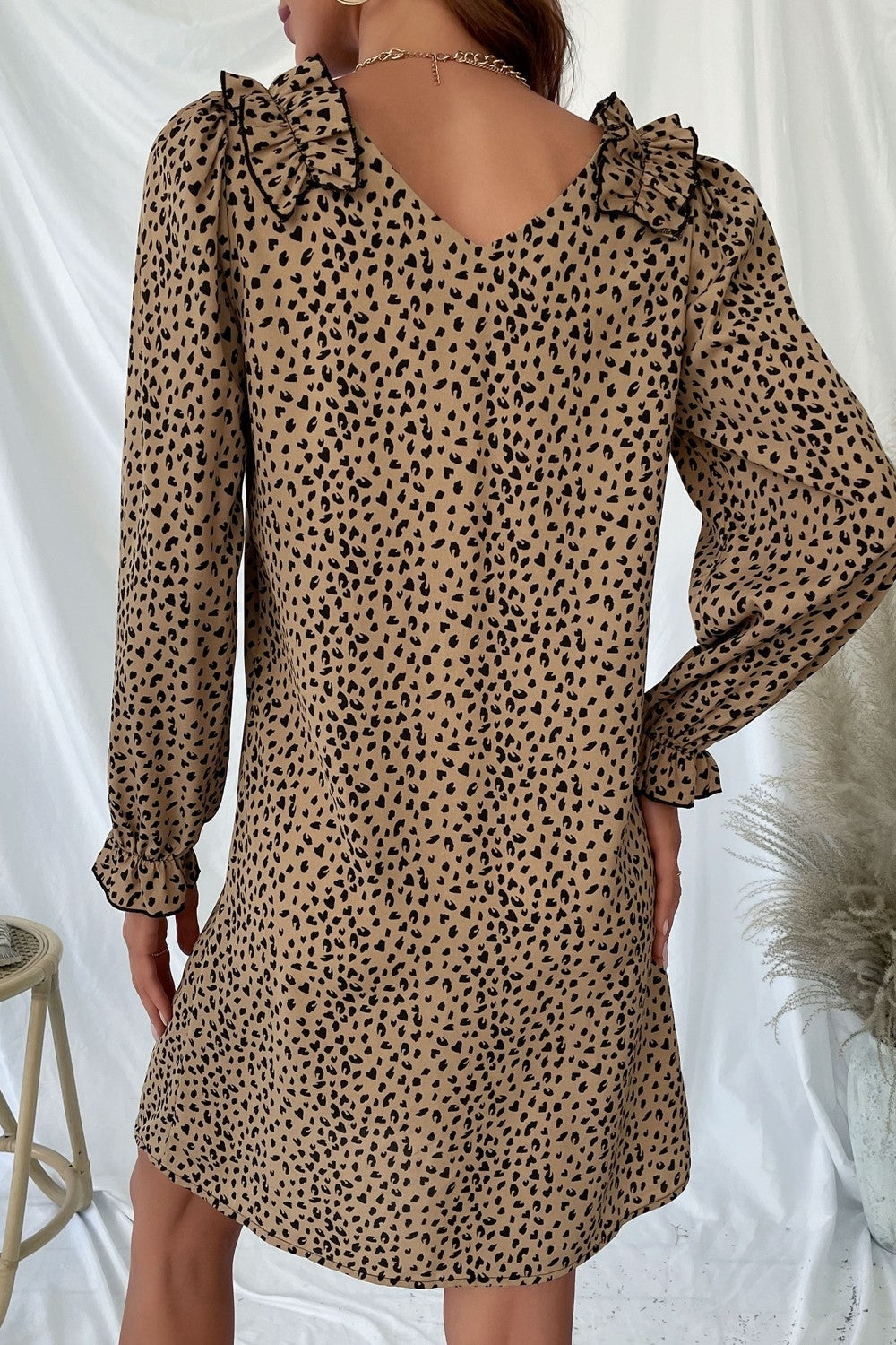 Khaki Leopard Frill Trim V-Neck Dress