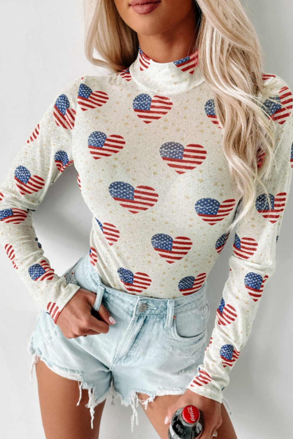 US Flag Heart Mock Neck Long Sleeve Bodysuit - Eclectage