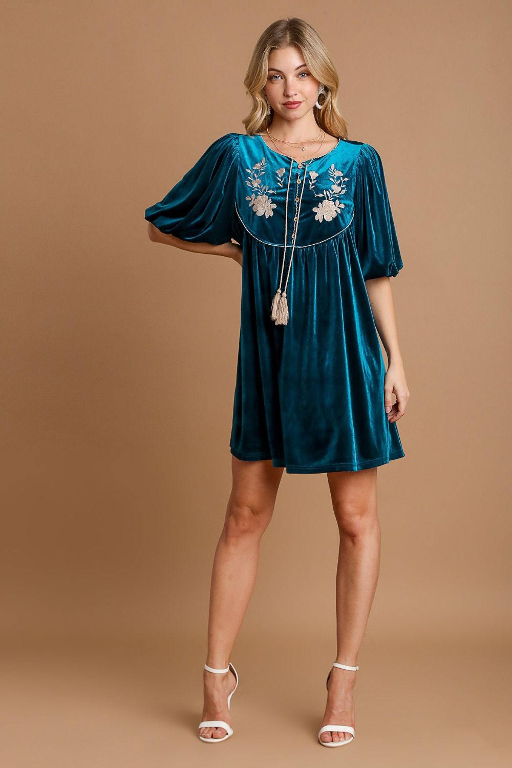 Embroidered Half Sleeve Velvet Mini Dress