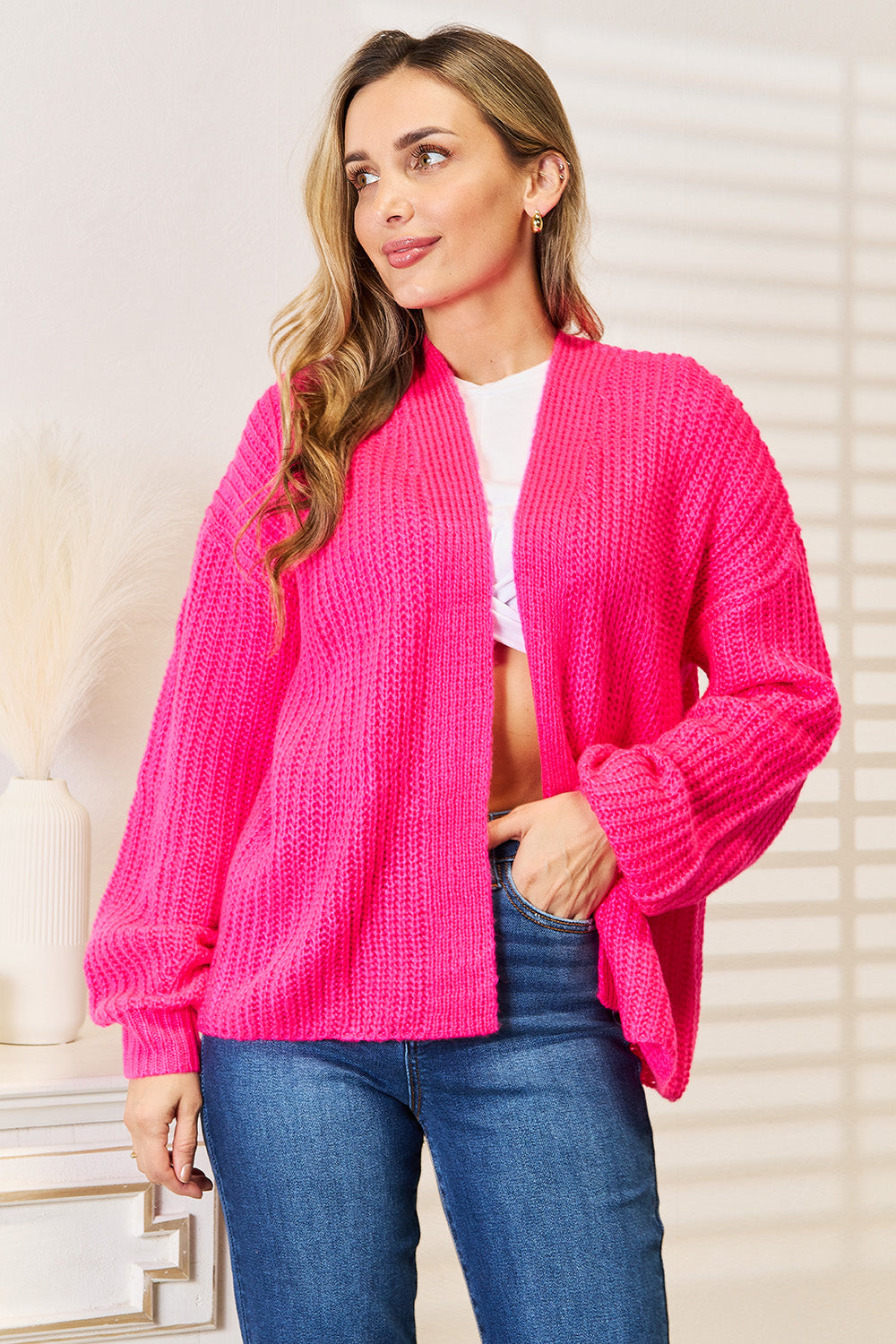 Rib-Knit Open Front Hot Pink Cardigan - Eclectage