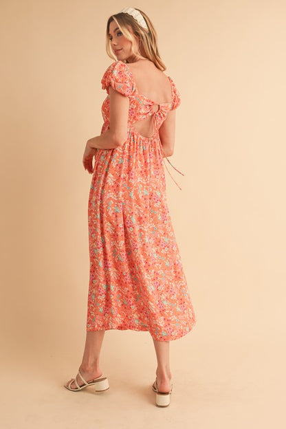 Coral Color Floral Puff Sleeve Midi Dress - Eclectage