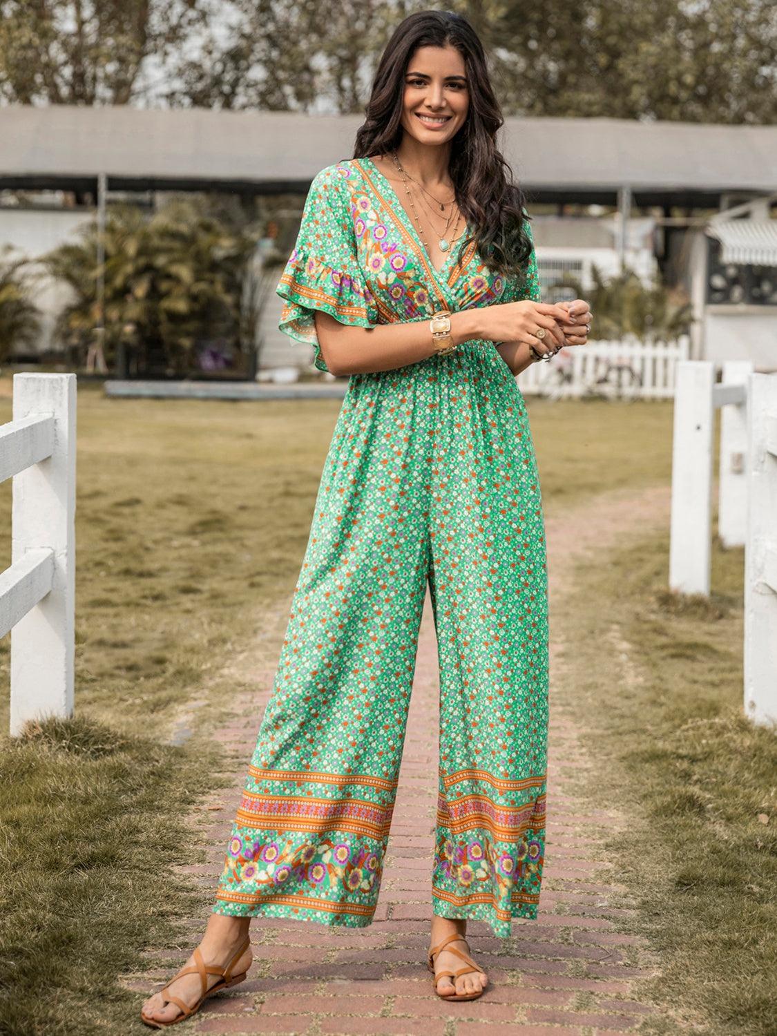 Floral Surplice Flutter Sleeve Jumpsuit - Eclectage