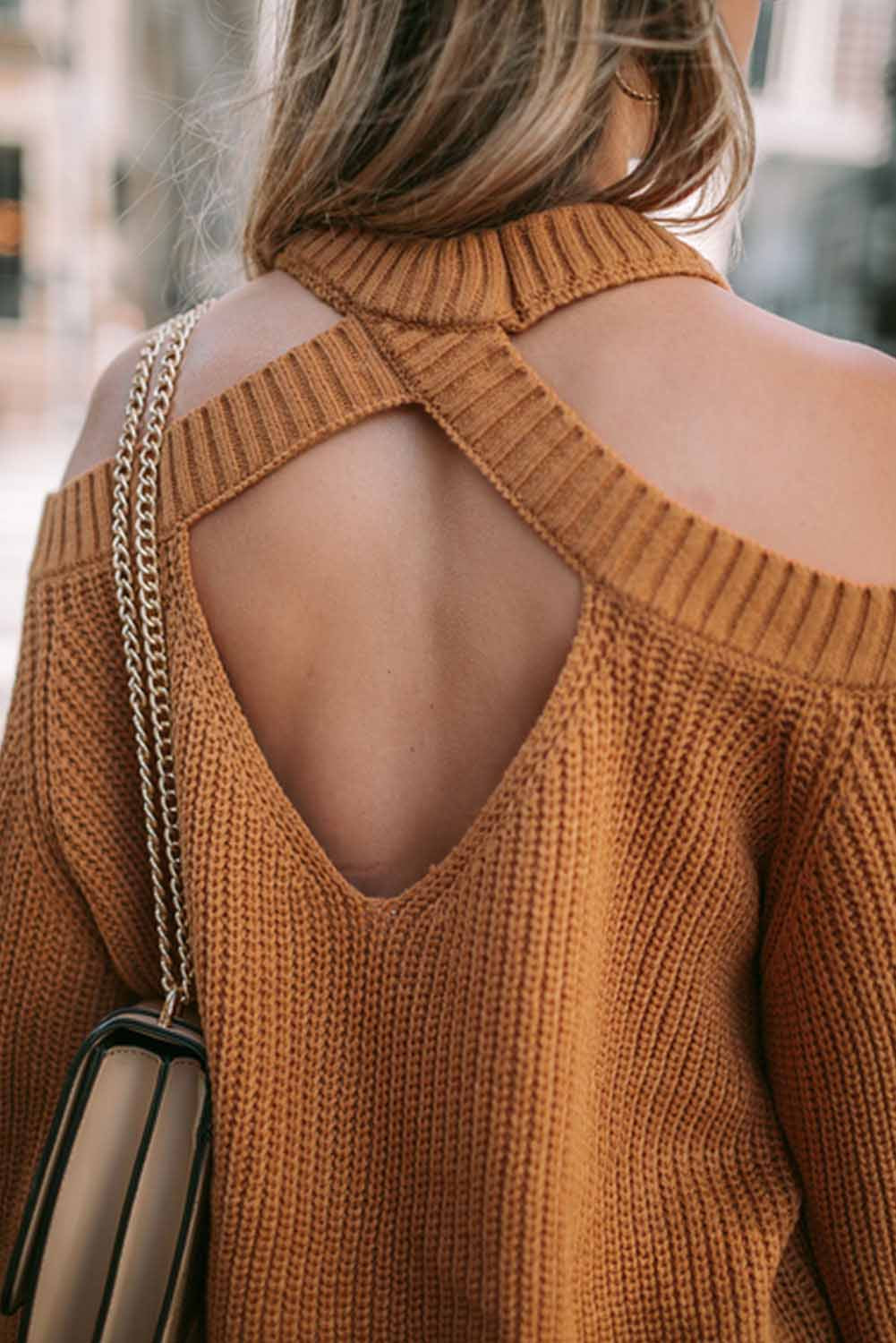 Cutout Back Cold Shoulder Long Sleeve Sweater - Eclectage