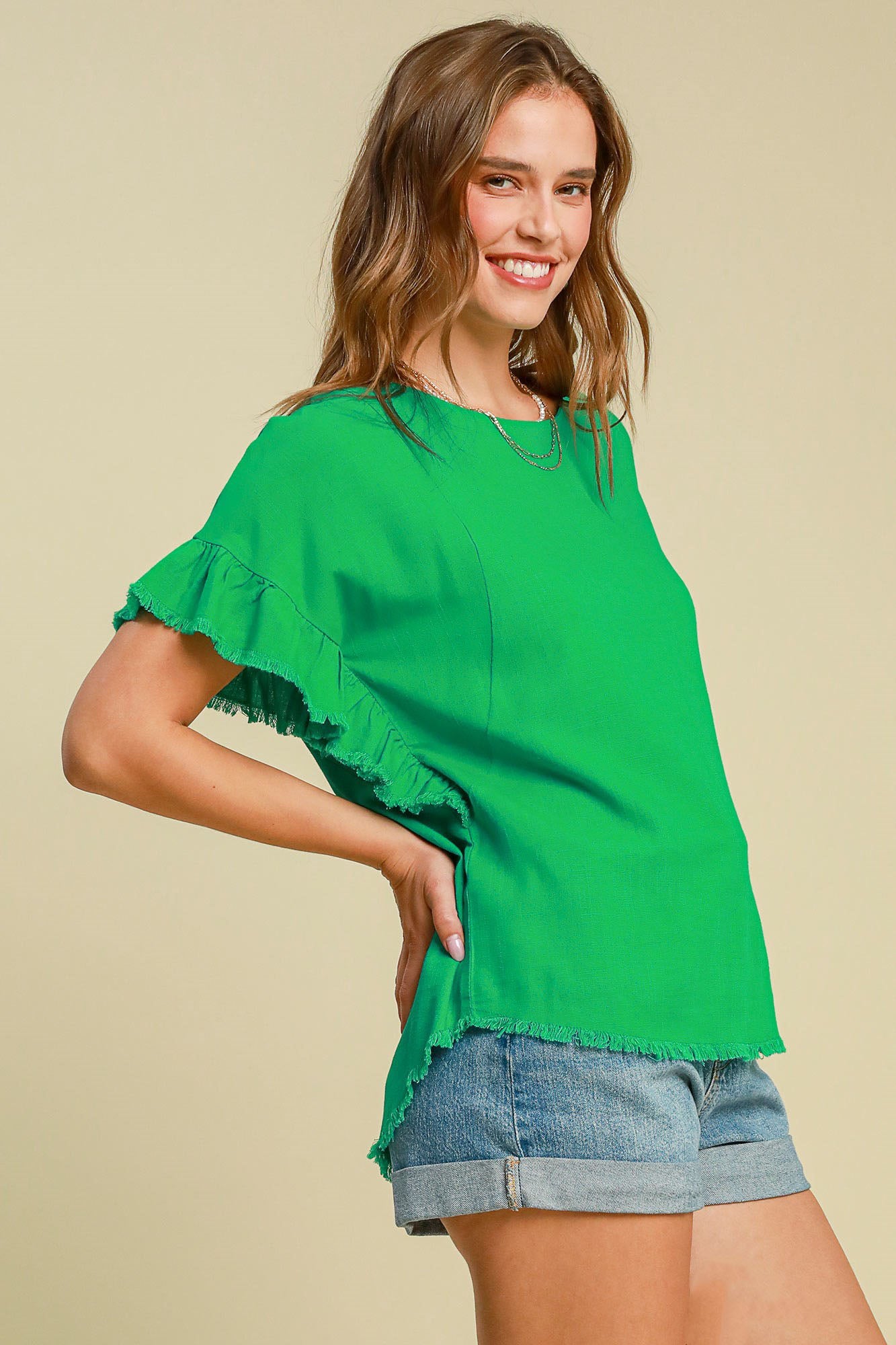 Umgee Full Size Raw Hem Ruffle Short Sleeve Blouse Plus Size - Eclectage