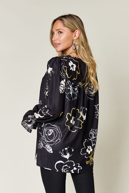 Black Floral Flounce Sleeve Blouse - Eclectage