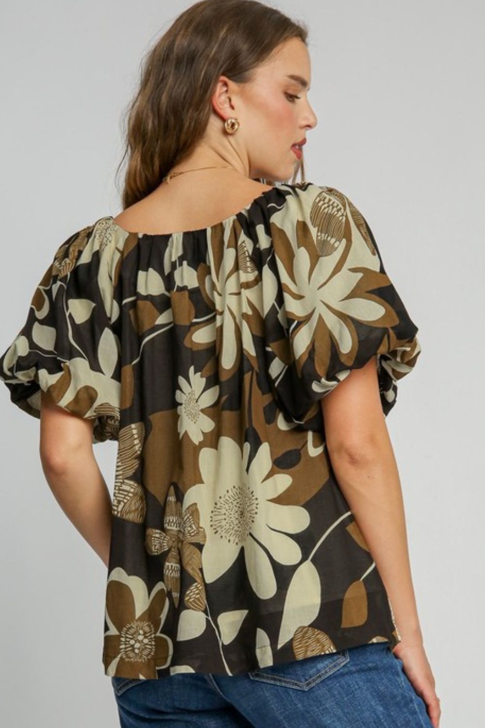 Print Round Neck Puff Sleeve Top - Eclectage