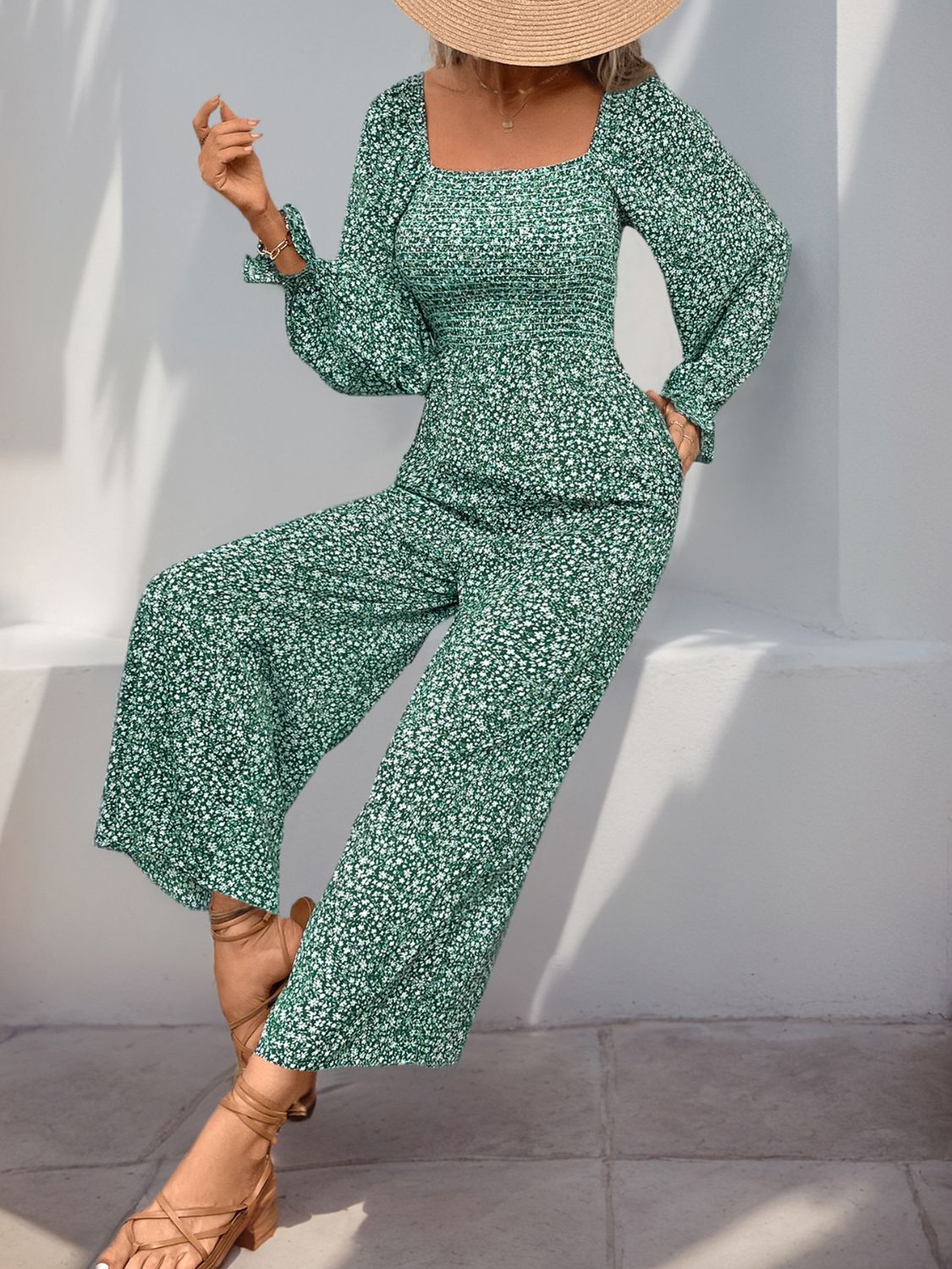 Smocked Printed Turquoise Jumpsuit