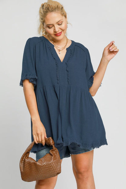 Umgee Full Size Raw Hem Notched Babydoll Linen Blouse Plus Size - Eclectage