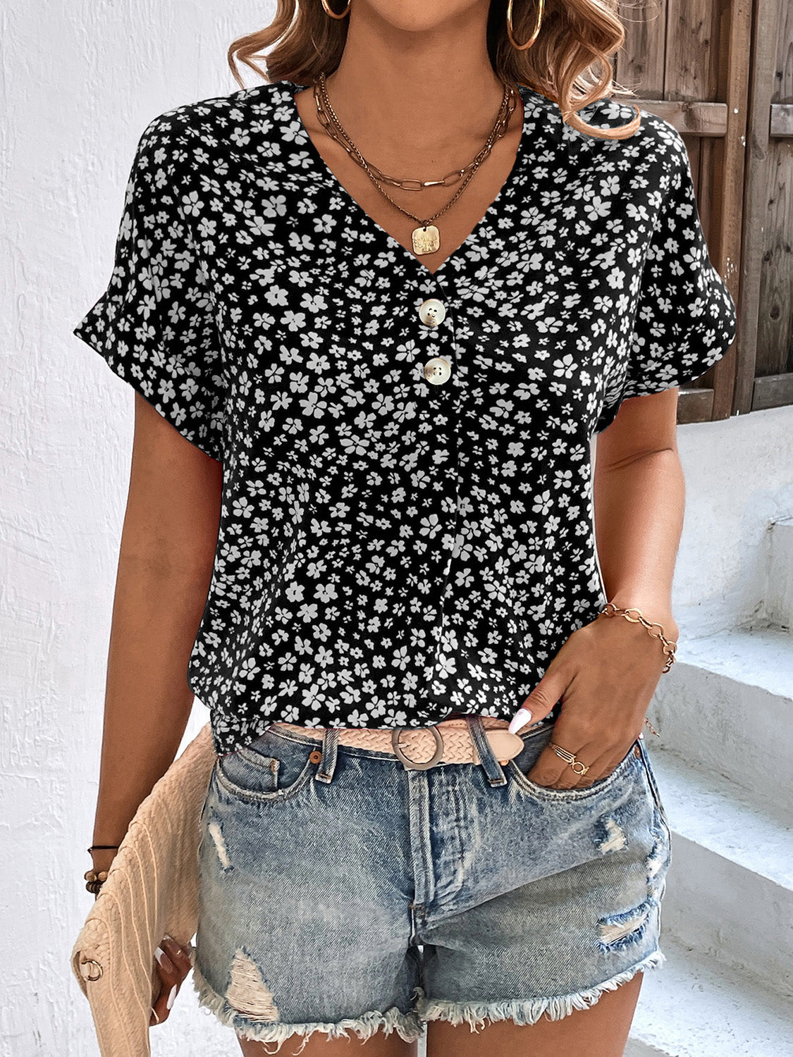 Floral V-Neck Short Sleeve Blouse - Eclectage