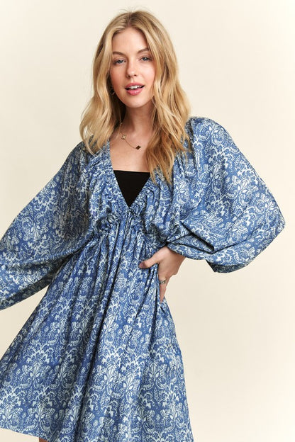 Blue Floral Batwing Sleeve Mini Dress - Eclectage