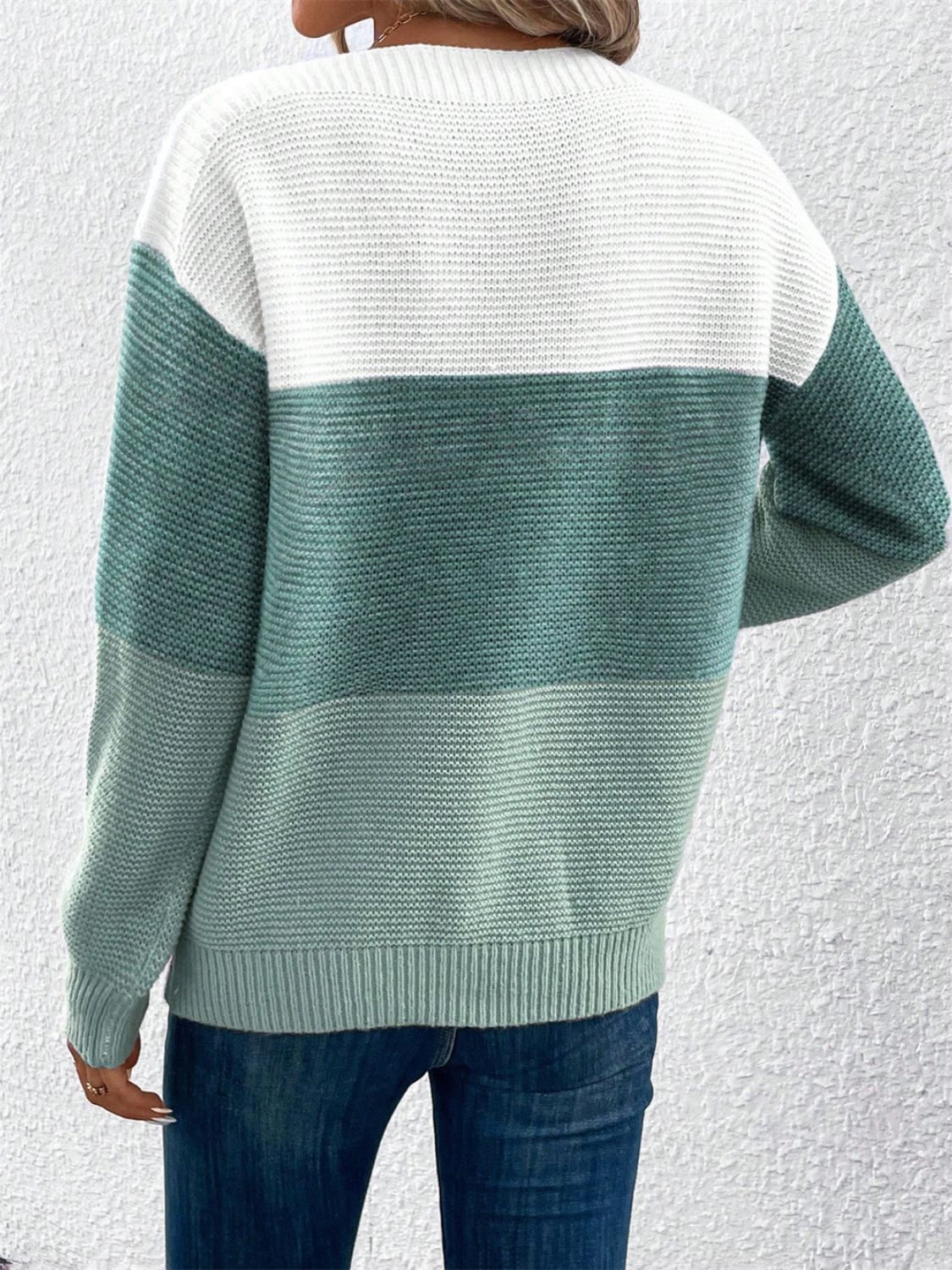 Color Block Drop Shoulder Long Sleeve Sweater - Eclectage