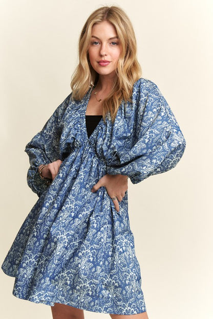 Blue Floral Batwing Sleeve Mini Dress - Eclectage