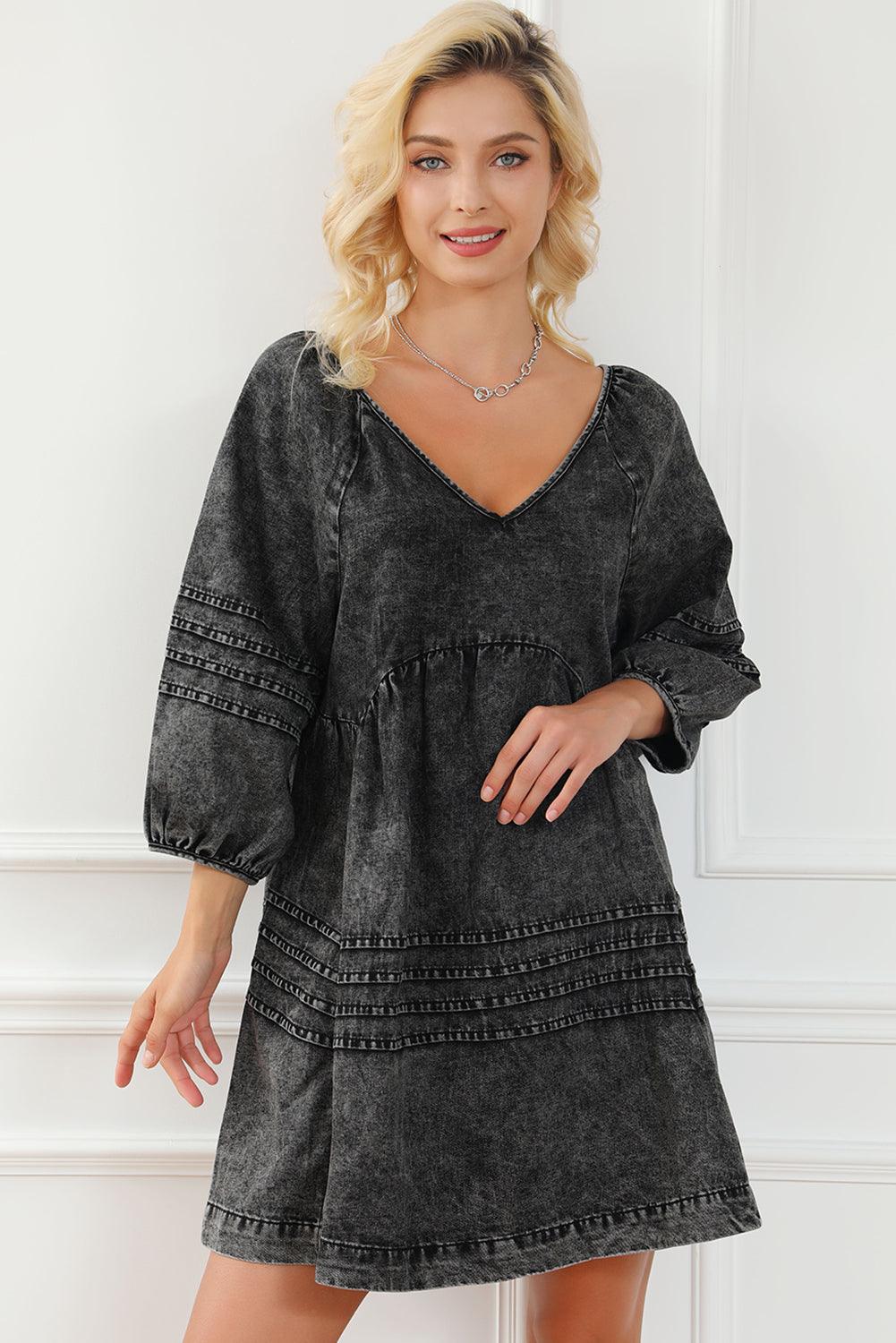 V-Neck Three Quarter Sleeve Denim Dress - Eclectage