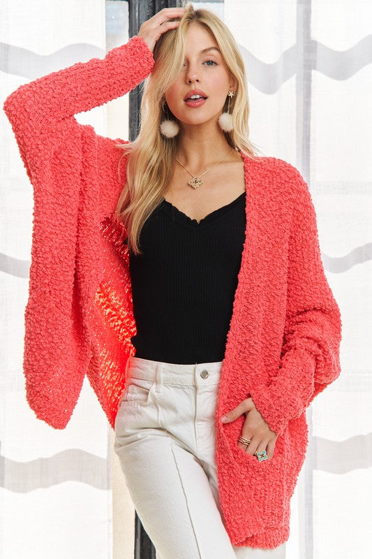 Coral Popcorn Knit Cardigan - Eclectage