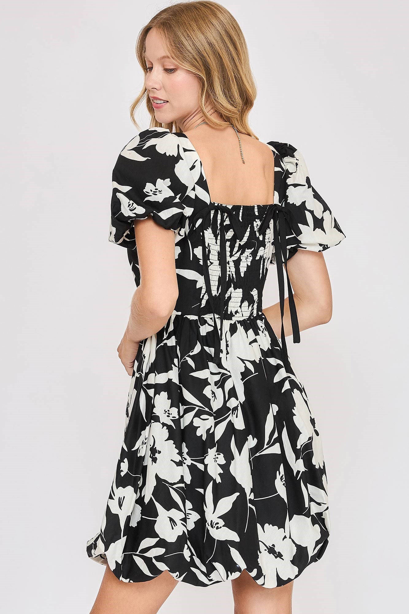 Black & White Floral Print Babydoll Dress - Eclectage