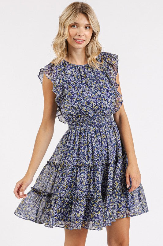 Dark Navy Ditsy Floral Ruffle Chiffon Dress - Eclectage