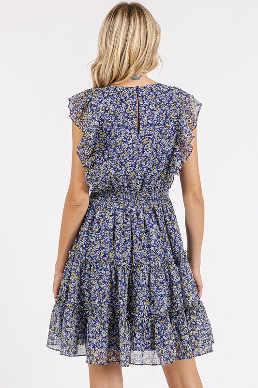 Dark Navy Ditsy Floral Ruffle Chiffon Dress - Eclectage