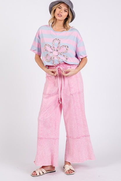 Pink Mineral Washed Terry Wide Leg Pants - Eclectage