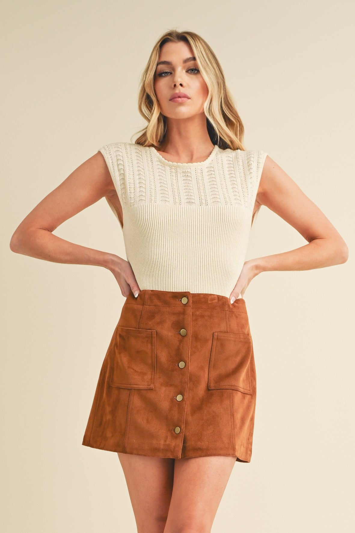 Natural Color Cap Sleeve Knit Top - Eclectage