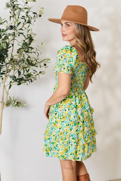 Yellow Floral Flounce Sleeve Mini Dress - Eclectage