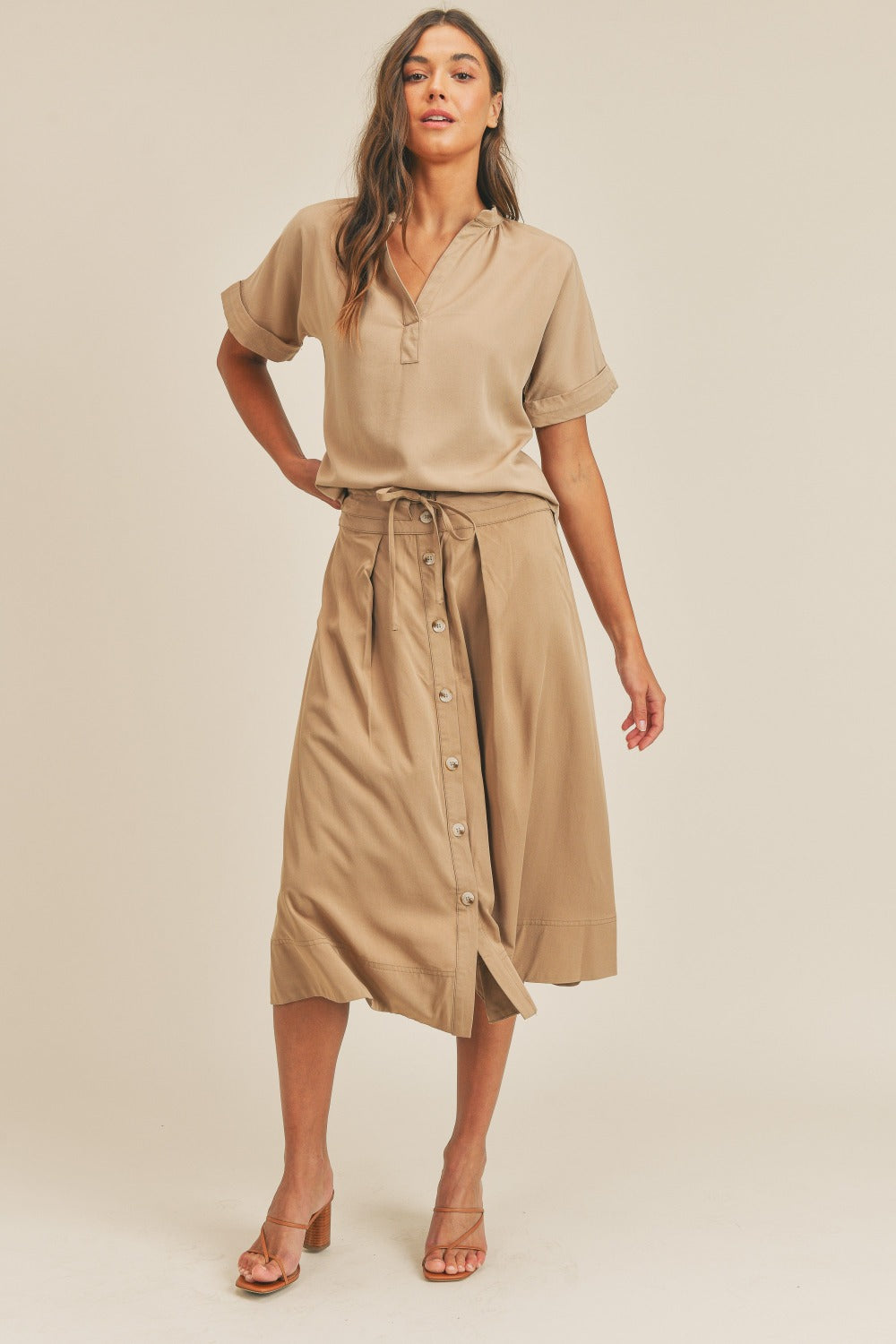 MABLE Short Sleeve Top and Button Down Midi Skirt Set - Eclectage