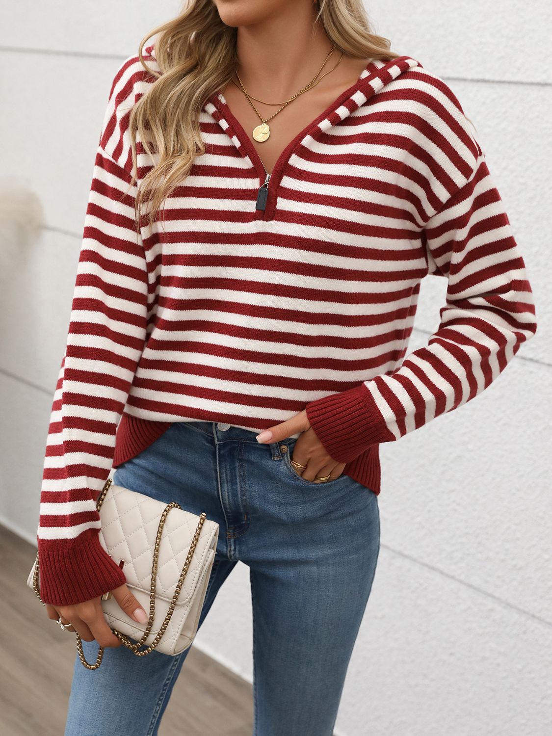 Perfee Striped Long Sleeve Hooded Sweater - Eclectage