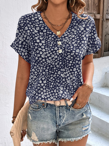 Floral V-Neck Short Sleeve Blouse - Eclectage