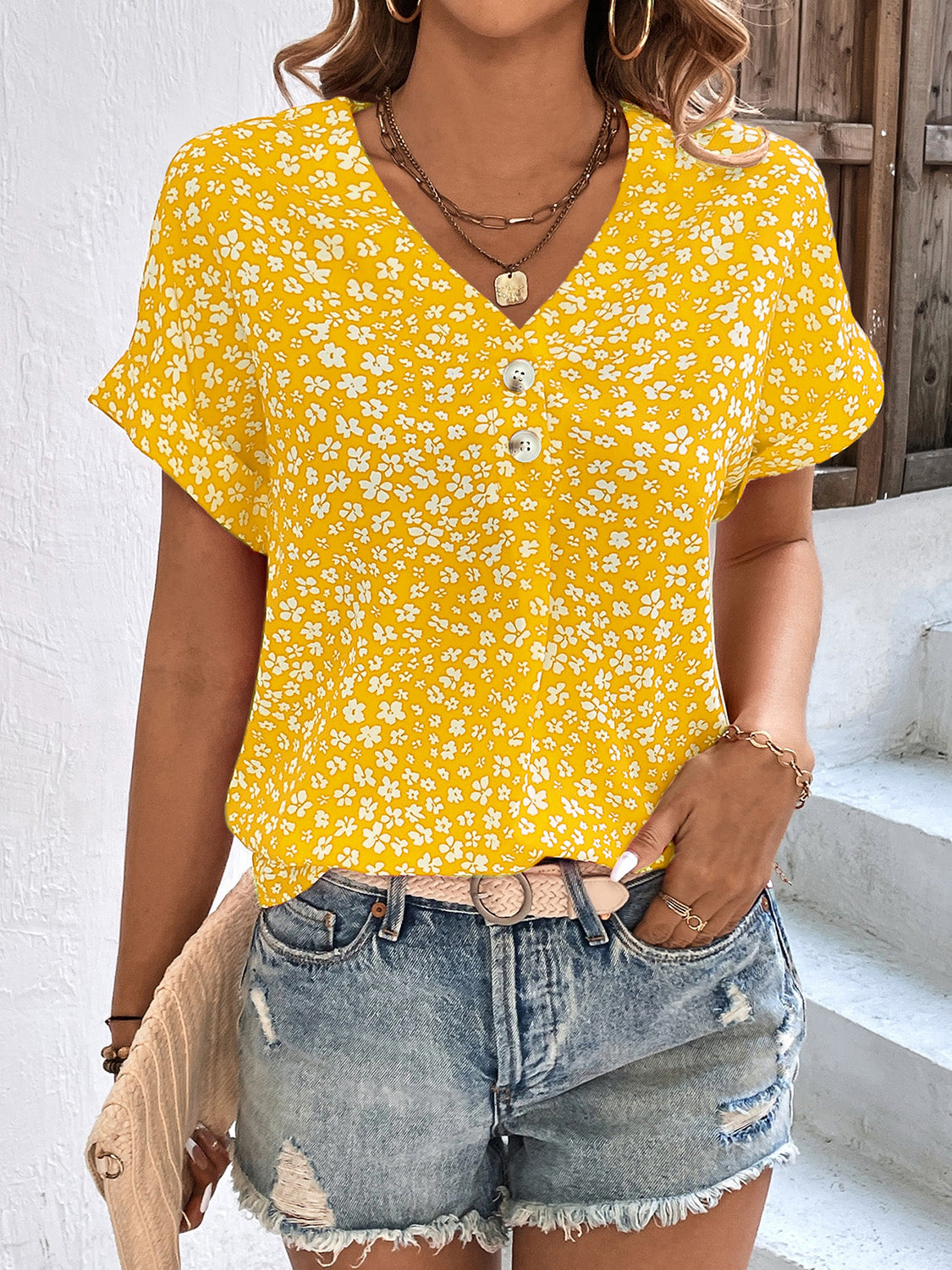 Floral V-Neck Short Sleeve Blouse - Eclectage