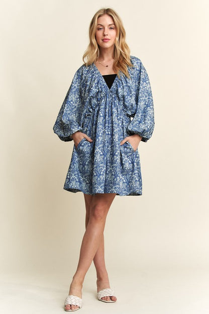 Blue Floral Batwing Sleeve Mini Dress - Eclectage