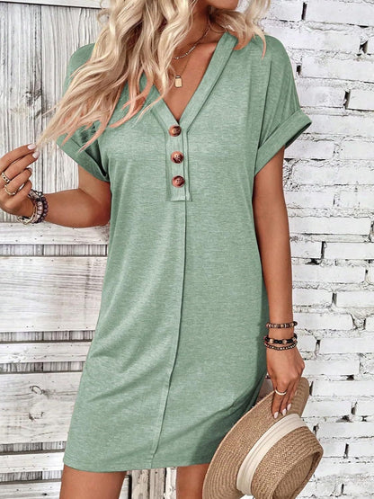 Quarter Button V-Neck Short Sleeve Dress - Eclectage