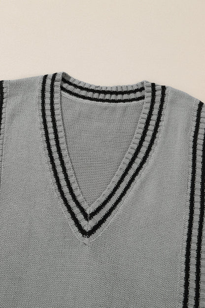 Striped Trim V-Neck Sweater Vest - Eclectage