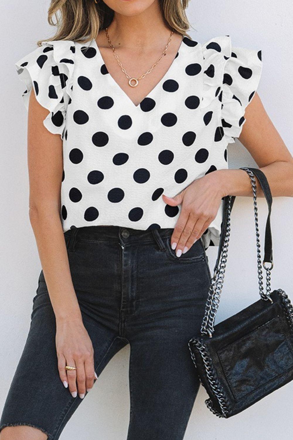 Polka Dot Ruffled Cap Sleeve V Neck Blouse - Eclectage