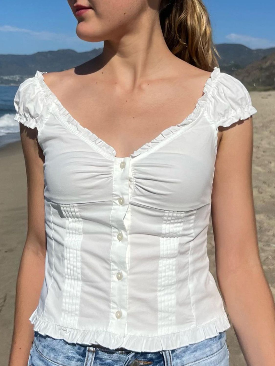 White Frill V-Neck Cap Sleeve Top - Eclectage