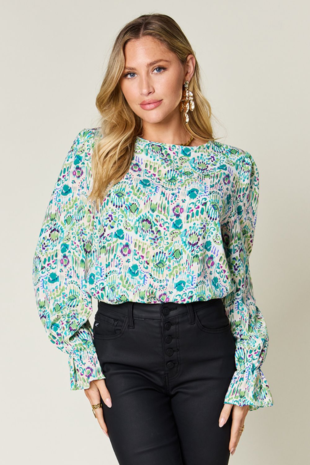 Long Sleeve Printed Flounce Sleeve Blouse - Eclectage