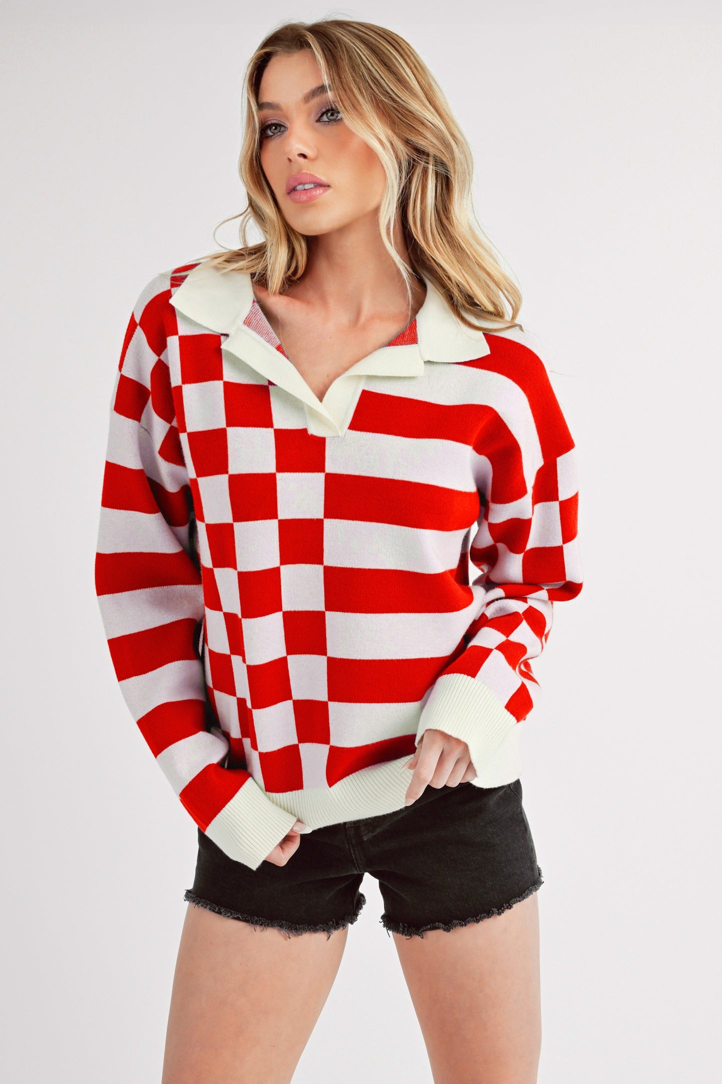 Striped & Checkered Drop Shoulder Sweater - Eclectage