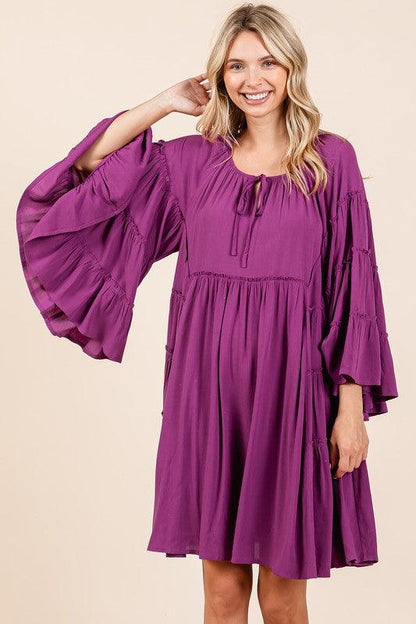 Mittoshop Frill Tie Neck Bell Sleeve Dress - Eclectage