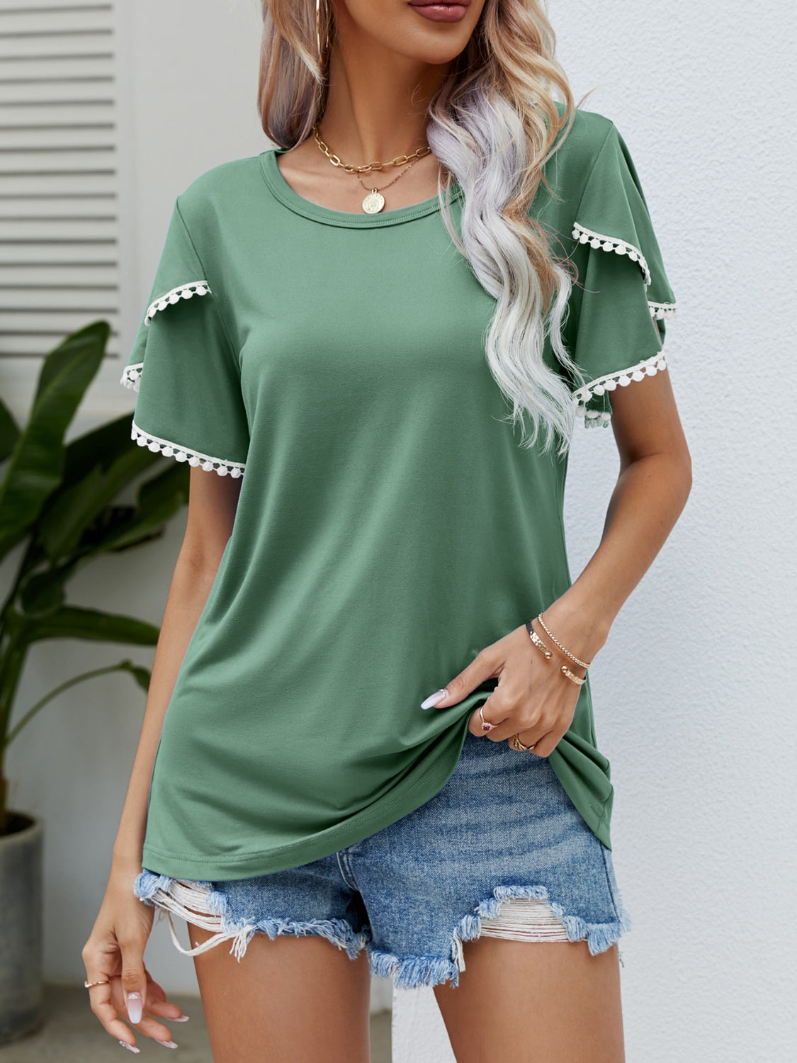 Green Pom-Pom Trim Flutter Sleeve T-Shirt - Eclectage