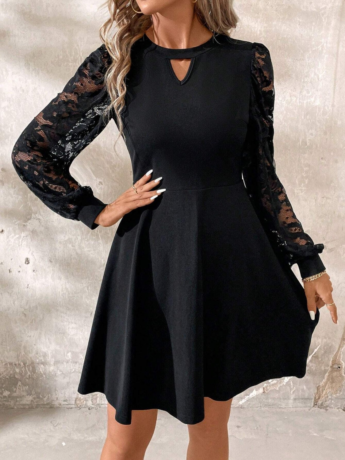 Black Cutout Lace Long Sleeve Dress