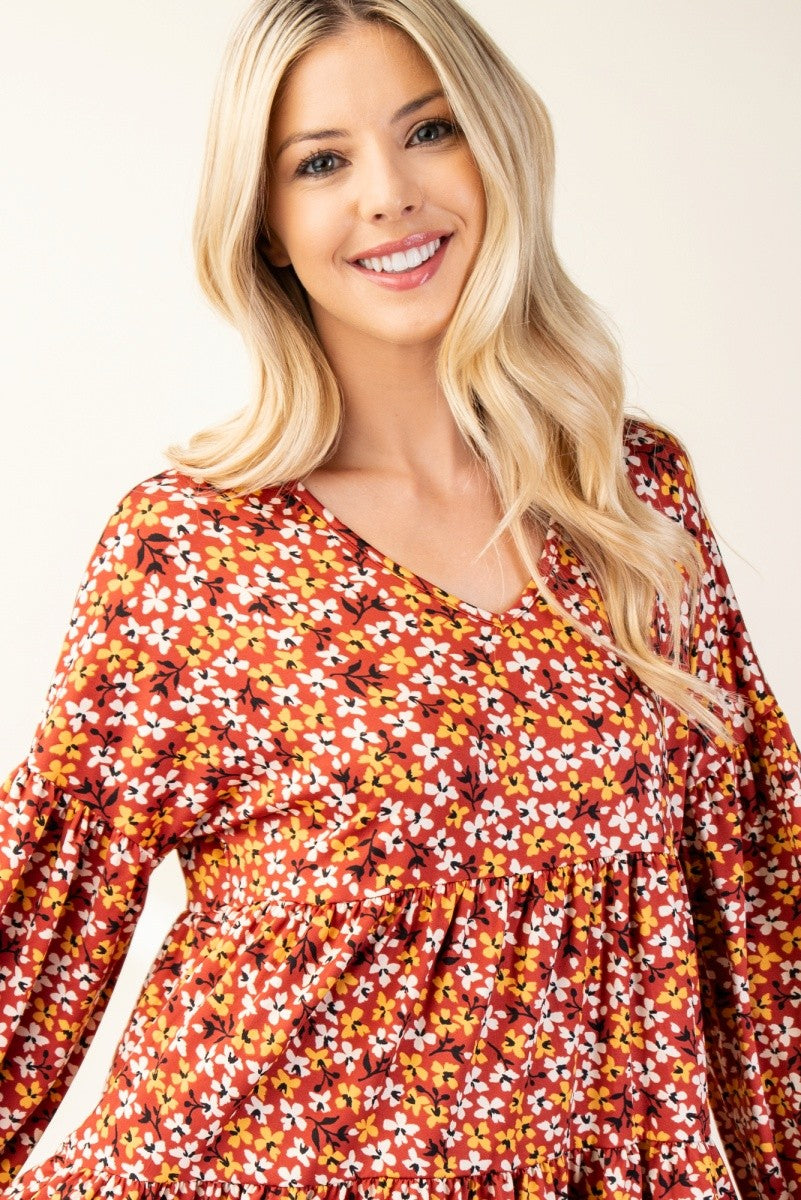 Rust Floral V-Neck Balloon Sleeve Blouse - Eclectage