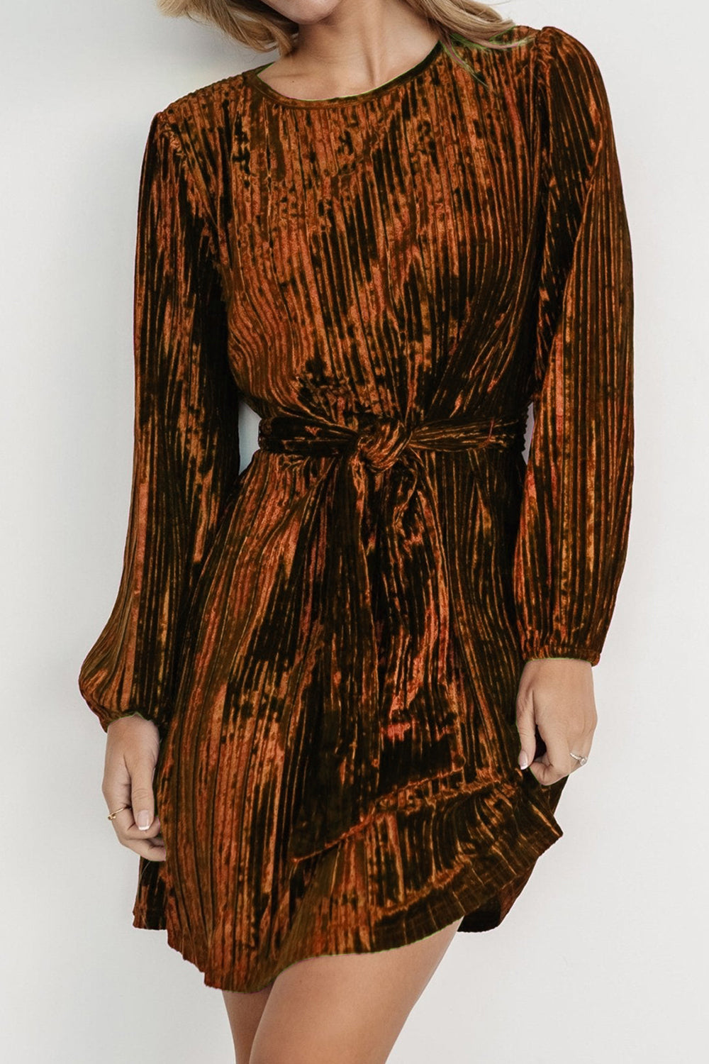 Velvet Tie Waist Long Sleeve Mini Dress