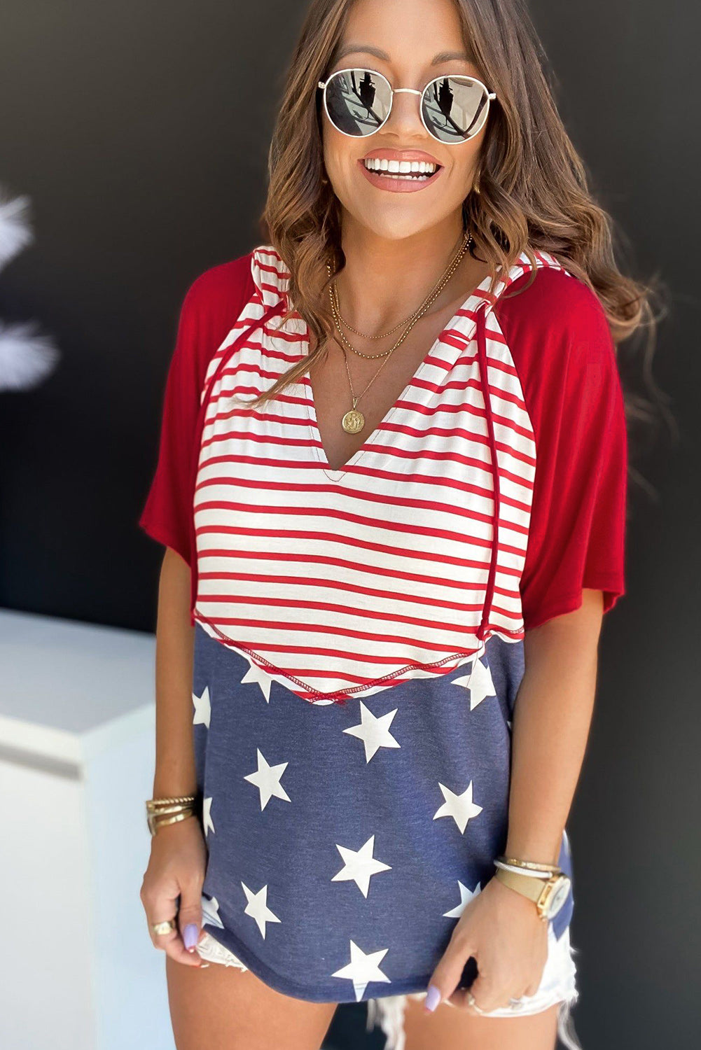 Stars and Stripes Print Drawstring Hoodie - Eclectage