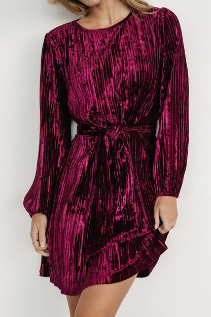 Velvet Tie Waist Long Sleeve Mini Dress