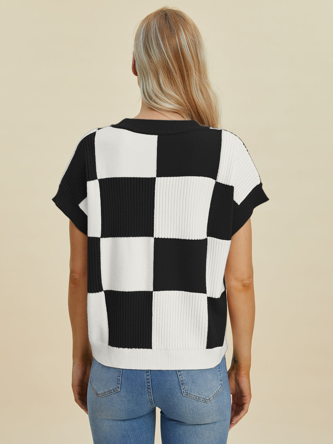 Double Take Full Size Checkered Round Neck Short Sleeve Sweater - Eclectage