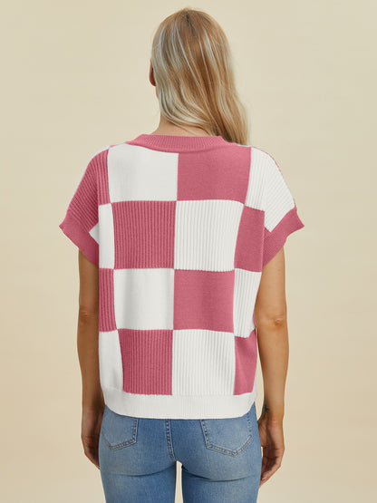 Double Take Full Size Checkered Round Neck Short Sleeve Sweater - Eclectage